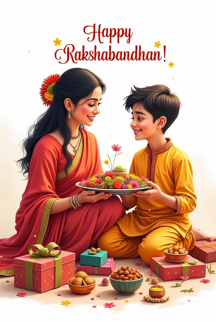 Rakshabandhan fastival, A beautiful Indian girl age 20 years wearing saree carring pooja plate binding raksha band on her brother's right hand, a hindu boy age 19 years,Tila on his forehead,sitting along with her and wearing keshri kurta pyjama eating sweet, so many gift sweets and blessings sitting together on floor, white background, wrote caption happy rakshabandhan golden red colour