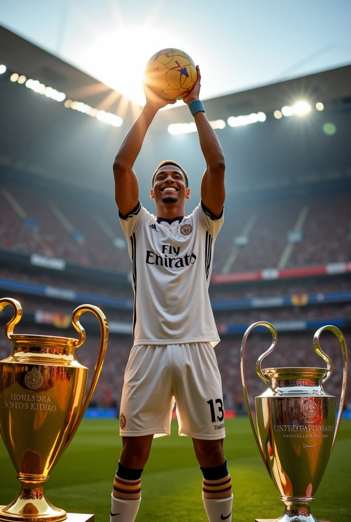 Kylian Mbappé lifting the Golden Ball and surrounded by the league trophy, The Champions League and the Copa del Rey