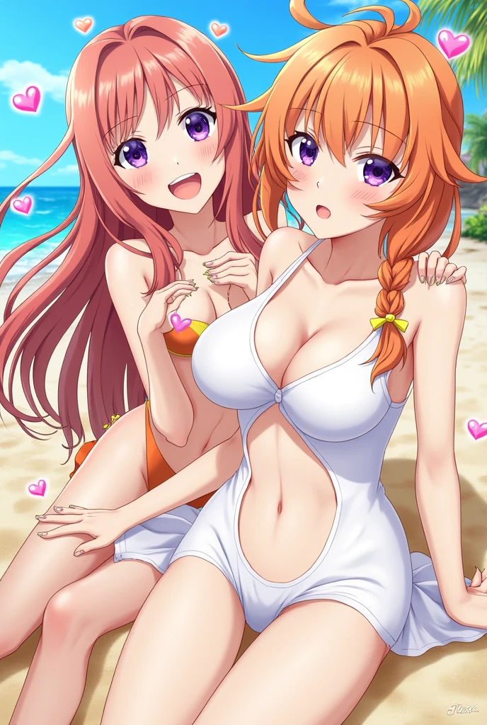 fujimaru ritsuka (female), long hair, breasts, looking at viewer, smile, open mouth, bangs, multiple girls, large breasts, dress, ribbon, 2girls, cleavage, bare shoulders, jewelry, purple eyes, swimsuit, hair ribbon, yellow eyes, purple hair, braid, ahoge, heart, bikini, necklace, nail polish, white dress, orange hair, bracelet, orange eyes, one side up, yellow ribbon