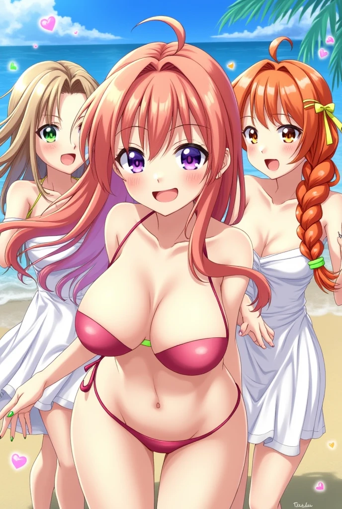 fujimaru ritsuka (female), long hair, breasts, looking at viewer, smile, open mouth, bangs, multiple girls, large breasts, dress, ribbon, 2girls, cleavage, bare shoulders, jewelry, purple eyes, swimsuit, hair ribbon, yellow eyes, purple hair, braid, ahoge, heart, bikini, necklace, nail polish, white dress, orange hair, bracelet, orange eyes, one side up, yellow ribbon