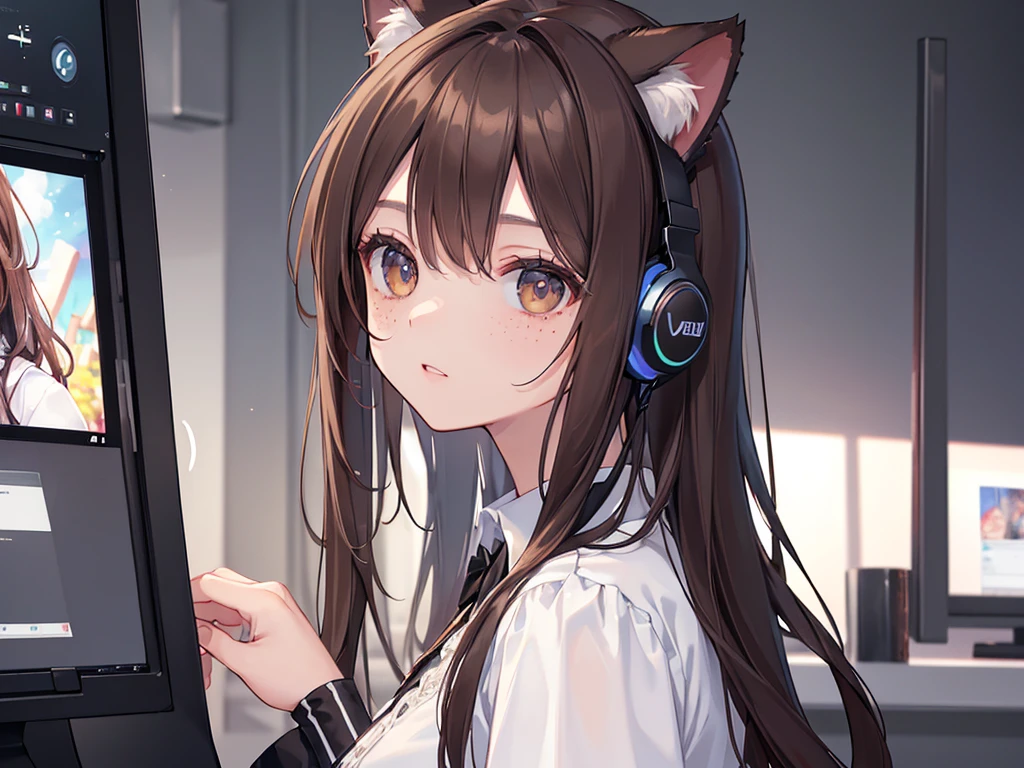 ((masterpiece,High resolution,8K quality,highest quality)), only 1 female,((highly detailed face)), delicate dark brown eyes, long dark brown curly hair, with freckles, wearing white gaming headphones that have cat ears, wearing a black dress, in front of a computer in a bedroom where the display shines in the absence of light, look back here