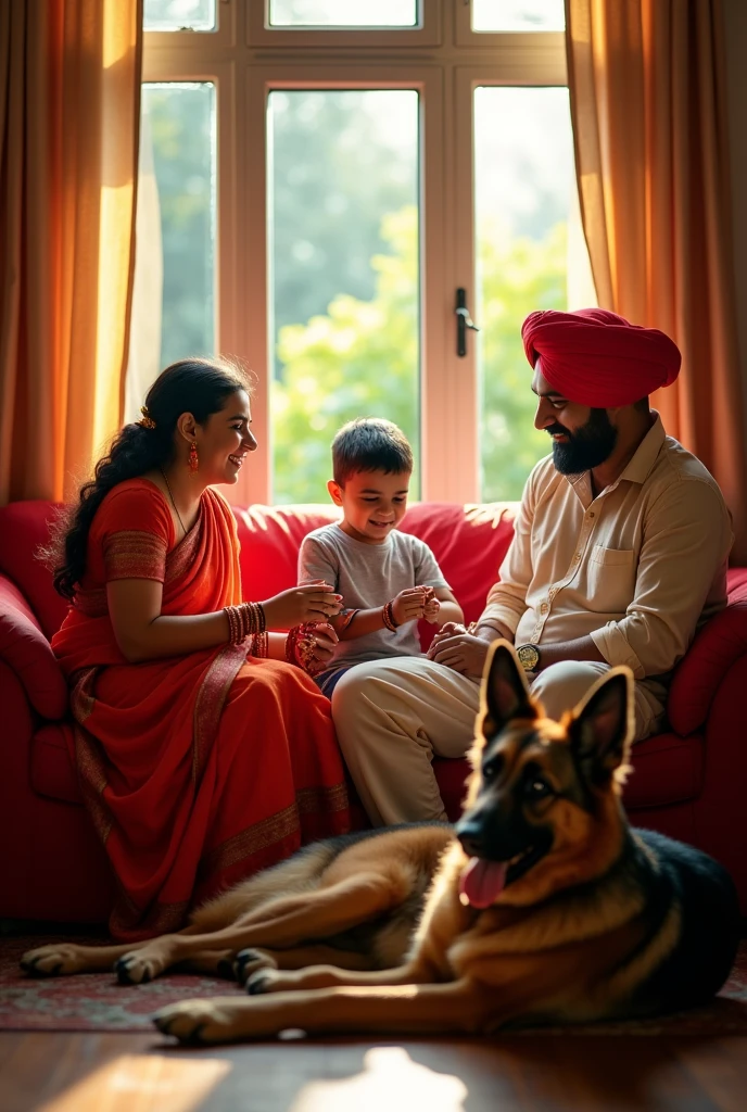 Two siblings tie rakhi knot, colliery quater, mother wearing saree, father wearing punjabi payjama, one german shepherd, one window, garden view, red sofa
