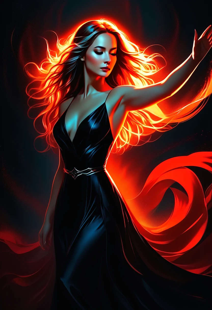 A striking and elegant portrait of a woman in a sleek, black dress, illuminated by a dramatic red light outline. The woman has long, flowing hair that catches the red glow, creating a captivating contrast against the dark background. She poses gracefully with her arms raised, exuding confidence and mystery. The scene is minimalist, focusing on the interplay of light and shadow to highlight her refined features and the silky texture of her dress, creating a powerful and evocative image.