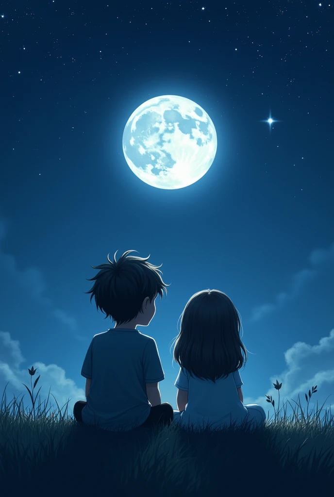 Generate an image for a PDF about a starry sky and a beautiful moon with a boy and a girl looking at the moon below., The boy has wavy hair and the girl has shoulder-length hair