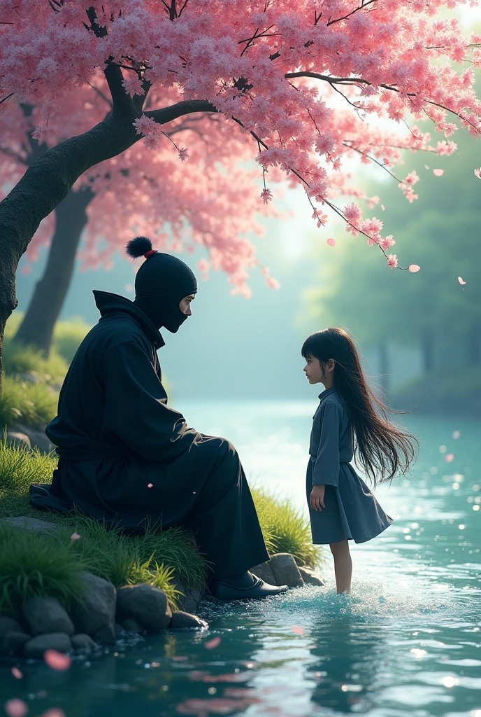 Male ninja harori sitting girl near river
