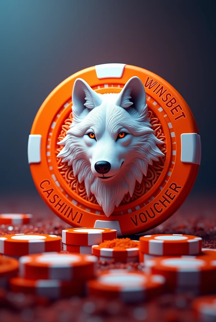 Large orange casino chip , with the face of a white wolf with a mandala face , and que al rededor de la ficha en letras grandes de 3D diga "RED WINSBET" and "CASHIER VOUCHER"