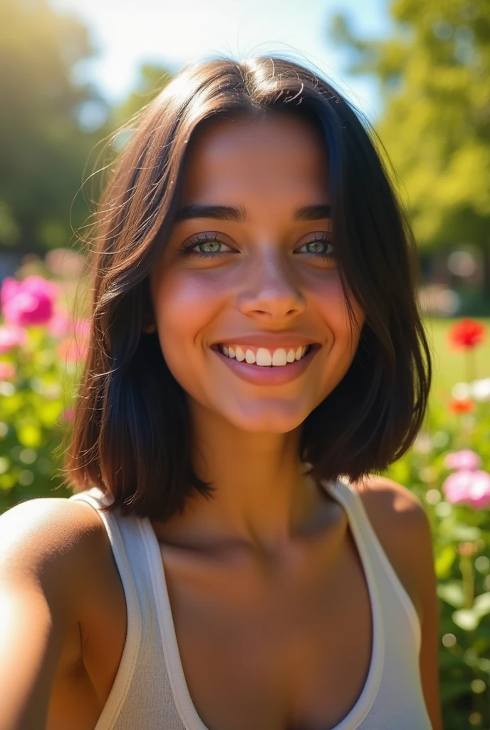Selfie of a teenager, thin with a BEAUTIFUL body, medium straight black hair, blue colored eyes