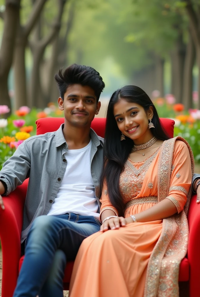 A handsome Indian boy with thick black hair is sitting on a red long chair in the park and he is wearing a grey shirt and white t-shirt and on his lap is a 19 year old beautiful Indian boy and girl who is wearing a designed Indian suit and jewellery and both are looking towards the camera. Beautiful view all aroundrealistic picture quality