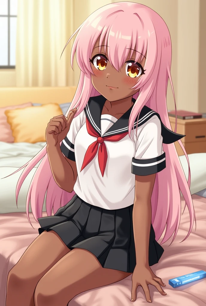 chloe von einzbern, 1girl, solo, long hair, looking at viewer, blush, smile, bangs, skirt, shirt, underwear, school uniform, white shirt, pink hair, short sleeves, heart, thighs, pleated skirt, small breasts, puffy sleeves, looking back, dark skin, black skirt, sailor collar, dark-skinned female, puffy short sleeves, orange eyes, pillow, , on bed, one side up, all fours, spoken heart, white sailor collar, partially visible vulva, homurahara academy school uniform