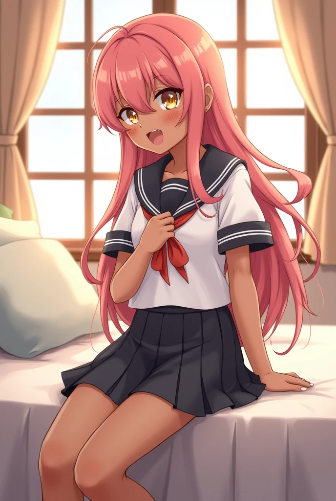 chloe von einzbern, 1girl, solo, long hair, looking at viewer, blush, smile, bangs, skirt, shirt, underwear, school uniform, white shirt, pink hair, short sleeves, heart, thighs, pleated skirt, small breasts, puffy sleeves, looking back, dark skin, black skirt, sailor collar, dark-skinned female, puffy short sleeves, orange eyes, pillow, , on bed, one side up, all fours, spoken heart, white sailor collar, partially visible vulva, homurahara academy school uniform