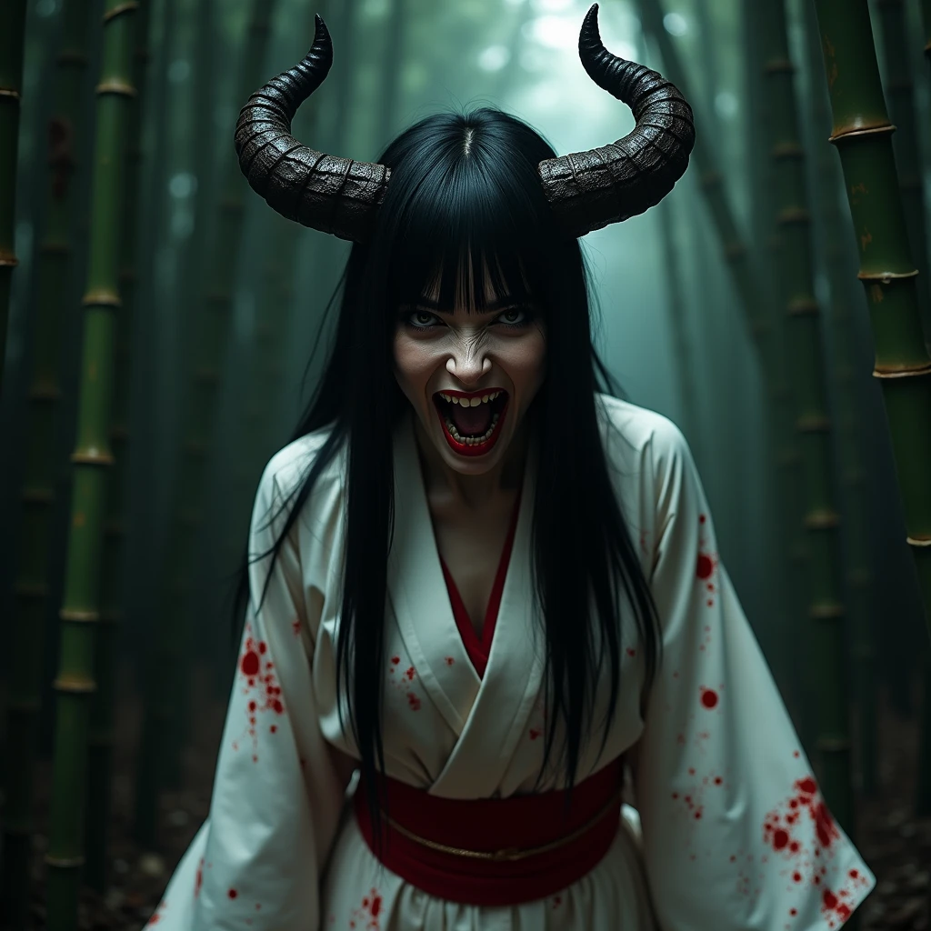 bamboo forest、night、Wearing a very detailed, white kimono splashed with blood、A demon woman attacks the camera with her fangs bared:1.5、Extremely detailed fangs and a blood-dripping mouth、Extremely detailed horns、Beautifully detailed eyes、long straight black hair、Ideal body type、Large Bust、Narrow waist、Highly detailed skin、(best quality,4K,8k,highres,masterpiece:1.2),ultra-detailed,(realistic,photorealistic,photo-realistic:1.37),dark fantasy,dramatic lighting,moody atmosphere,muted color palette