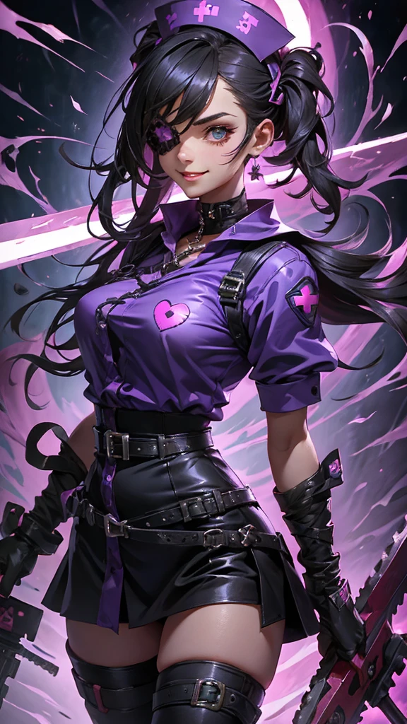 A beautiful girl wearing a black high-necked punk nurse outfit（）A person with short purple-highlighted black hair, wearing an eyepatch with a heart on it, holding a small chainsaw and smiling.