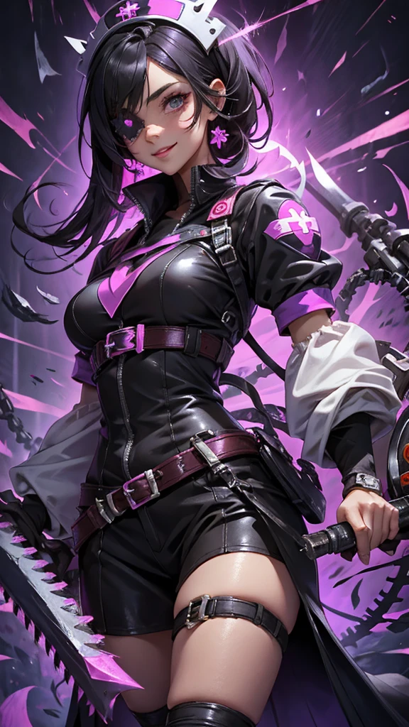 A beautiful girl wearing a black high-necked punk nurse outfit（）A person with short purple-highlighted black hair, wearing an eyepatch with a heart on it, holding a small chainsaw and smiling.