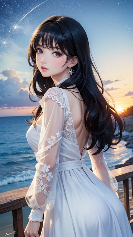 Anime girl with long black hair and blue eyes，Smooth anime CG art，Realistic anime 3 D style，Realistic anime art style，Detailed digital anime art，Digital anime illustration，Realistic anime art style，Kawaii realistic portrait，detailed portrait of an anime girl，a beautiful anime portrait，photorealistic anime girl rendering，Realistic young anime girl， portrait anime girl,shift dresses,Female broken flowers fluffy in runaway princess wind flying sleeves first love milk wearing summer dress，Walk on the beach by the sea，Treading on the sea with bare feet，The setting sun is setting in the afterglow，Run happily with a smile on your face