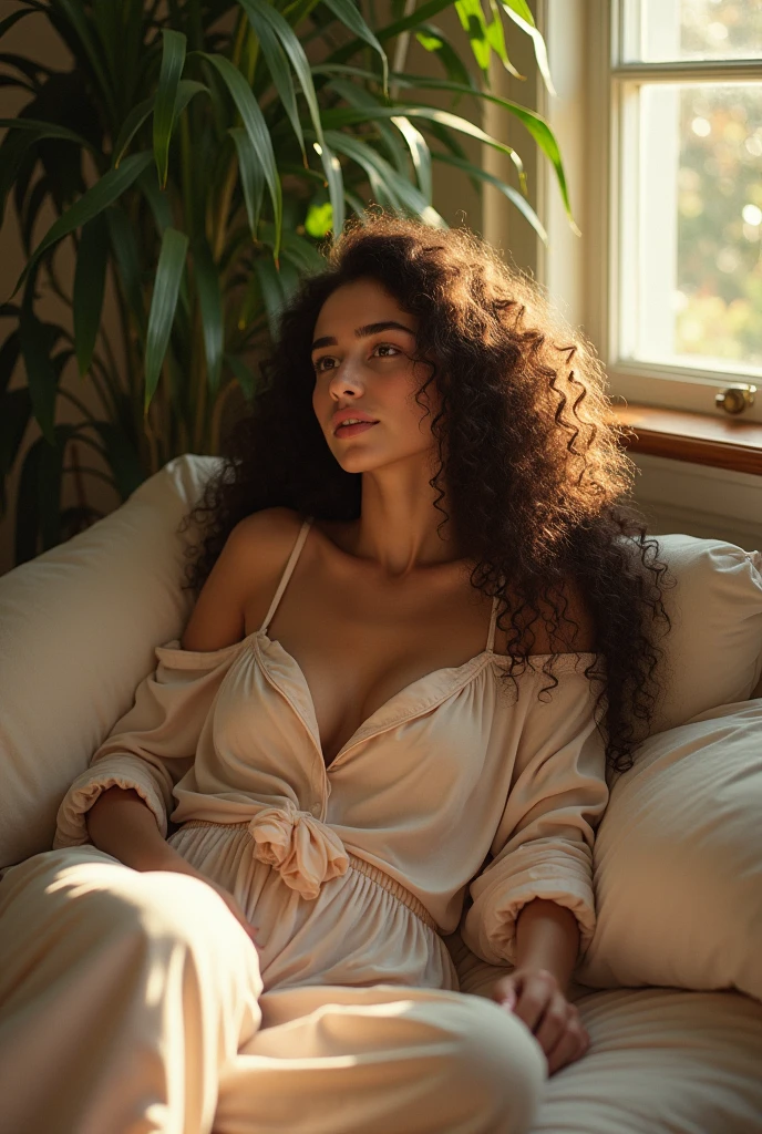 (photorealism:1.2), beautiful woman, sitting on bed, wearing loose off-shoulder top, pajama pants, long curly hair, indoors, soft lighting, plants in background, window with sunlight, cozy room, relaxed pose, realistic, intricate details, warm colors, by Greg Rutkowski, by Alphonse Mucha