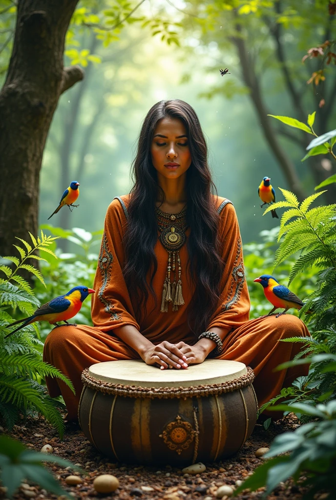 Woman medicine playing the shamanic drum with a stick and surrounded by power plants and animals