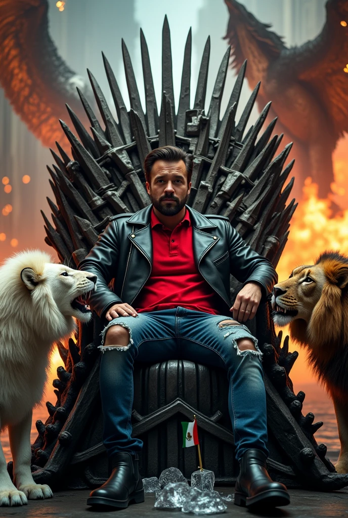 Create a man in his 30s wearing ripped jeans , Wearing a red polo shirt and a black leather jacket, sitting on the Iron Throne with black boots , Beside him, two lions, one white and one brown, roaring, and 2 small flags waving around are from Mexico ,On the left side, a dragon breathing fire and on the right side a dragon spitting lightning. You can see the text "OMEY" There are melted ice cubes with water on the floor. Everything is well detailed, Luxury premiere style. Camera shot of 10k