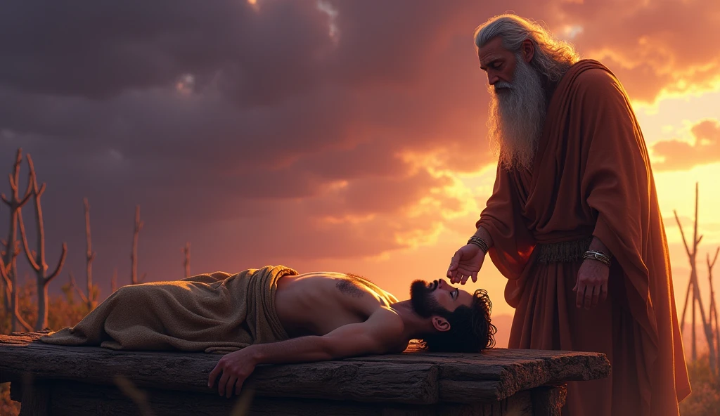 "Create a digital artwork inspired by the scene of Abraham about to sacrifice his son Isaac. In this image, Isaac, a young man with a muscular build, lies on a wooden altar covered with sticks, his body partially covered with a cloth. His expression is calm and resigned, as he rests with his eyes closed. Abraham, an elderly man with a long beard and wearing a robe, stands above Isaac with a knife in hand, his face showing deep sorrow and determination. The background features a dramatic sky with hues of purple and orange, reflecting a sunset. The scene should capture the emotional gravity of the moment, emphasizing the detailed textures of the figures' clothing, the wood, and the subtle play of light and shadow in a digital art style."