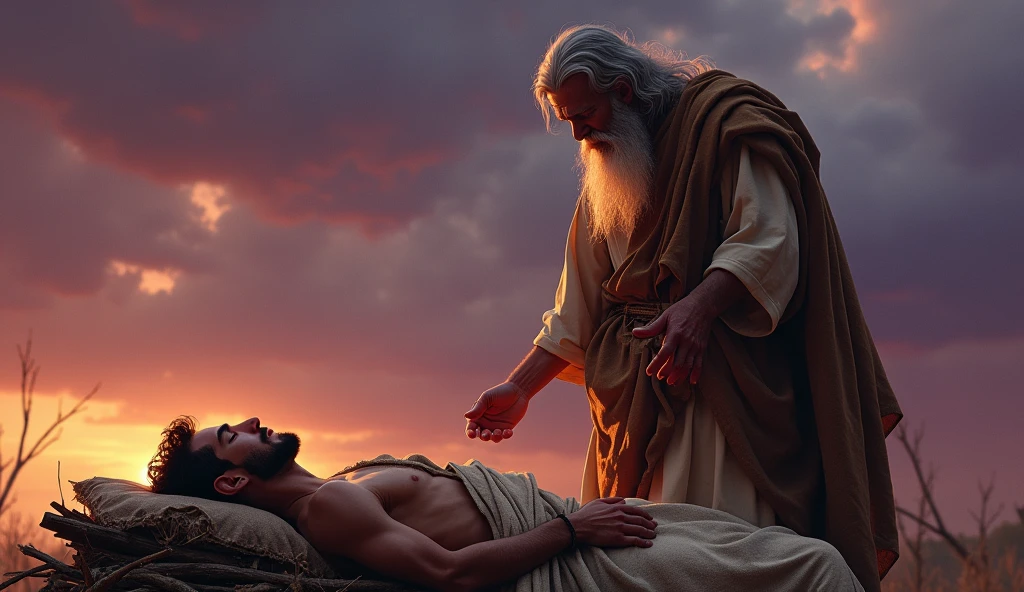 "Create a digital artwork inspired by the scene of Abraham about to sacrifice his son Isaac. In this image, Isaac, a young man with a muscular build, lies on a wooden altar covered with sticks, his body partially covered with a cloth. His expression is calm and resigned, as he rests with his eyes closed. Abraham, an elderly man with a long beard and wearing a robe, stands above Isaac with a knife in hand, his face showing deep sorrow and determination. The background features a dramatic sky with hues of purple and orange, reflecting a sunset. The scene should capture the emotional gravity of the moment, emphasizing the detailed textures of the figures' clothing, the wood, and the subtle play of light and shadow in a digital art style."