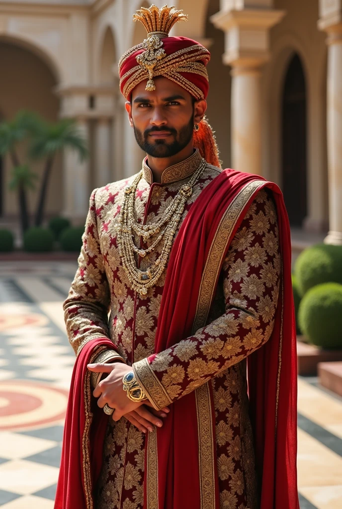 The most handsome man in the world with height of 6ft and a great strong physique and wearing clothes of indian king