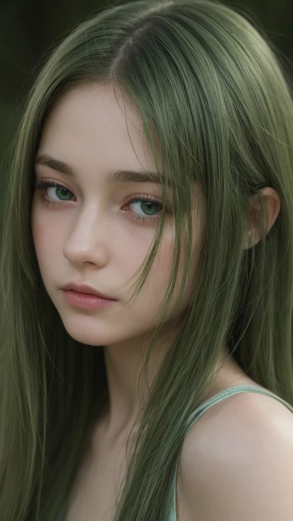 a girl. European. Extremely detailed face. Oval face. Delicate facial features. Half-closed eyes. Long straight hair. Messy hair. bangs. Green hair. Green eyes. very angry. sad. Shy