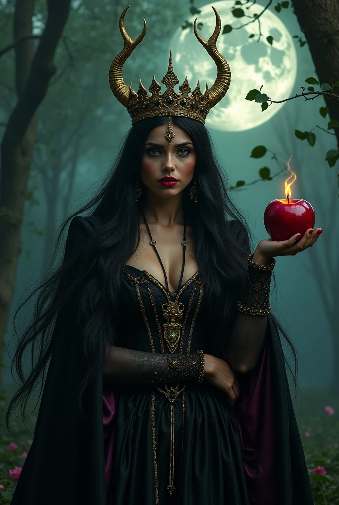 Girl,Black long hair,Black Queen,accessories,Apple in hand,Poison apples,Witch Queen,Red lipstick
