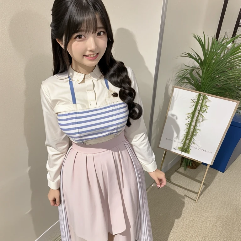 A full-body image of a beautiful girl, standing with both hands gently clasped in front of her. She is wearing a cute outfit consisting of a T-shirt and a skirt, with her long hair flowing gracefully. The scene captures her in a soft, dreamy style, emphasizing her delicate features and the serene expression on her face. The background is simple, highlighting her presence and the overall aesthetic of beauty and innocence、((masterpiece)),(((Highest quality))),Low angle shot:1.5,Long legs,The best smile:1.5,Slim figure:1.5,whole body:1.5,,(Viewer Display:1.4),(Wearing a striped long skirt dress:1.2),長いCurly Hair:1.5,Cute Woman, Realistic, detailed, 4K, High-resolution light, A small smile, White skin,H Cup ,Young Gravure Idol, Laughter, Cleavage,(ビッグH Cup), Perfect round breasts, rich, Deluxe, Curly Hair, bangs, Realistic, belly button, Thighs Thighs Thighs,whole bodyショット, Looking at the audience, blush、Beautiful fingers、Five Fingers、Temporarily stop、Are standing、One person, Long Hair, Casual Dresses