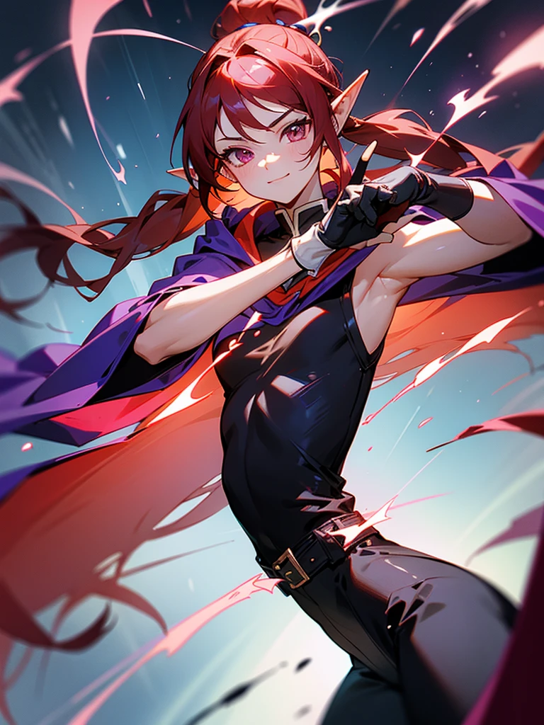 a girl,Elf,Magician,martial artist,,long red hair,long twintails,bun tou,Pink eyes,Chinese style,short and small,Bright smile,((Deep purple cloak)),((Sleeveless high-necked top)),((black leggings)),((Beautiful belt)),((Magic gloves)),flame,Elemental magic,((handsome pose)),Rendering,Super details,Upper Body,movie lighting effects,best picture