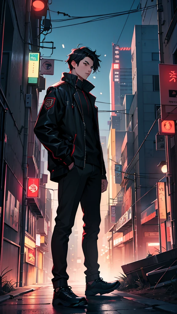 (high quality, 4k, full hd), young man in his 20s, black hair, black jacket with red details, up viewpoint, night, city, artificial ilimination