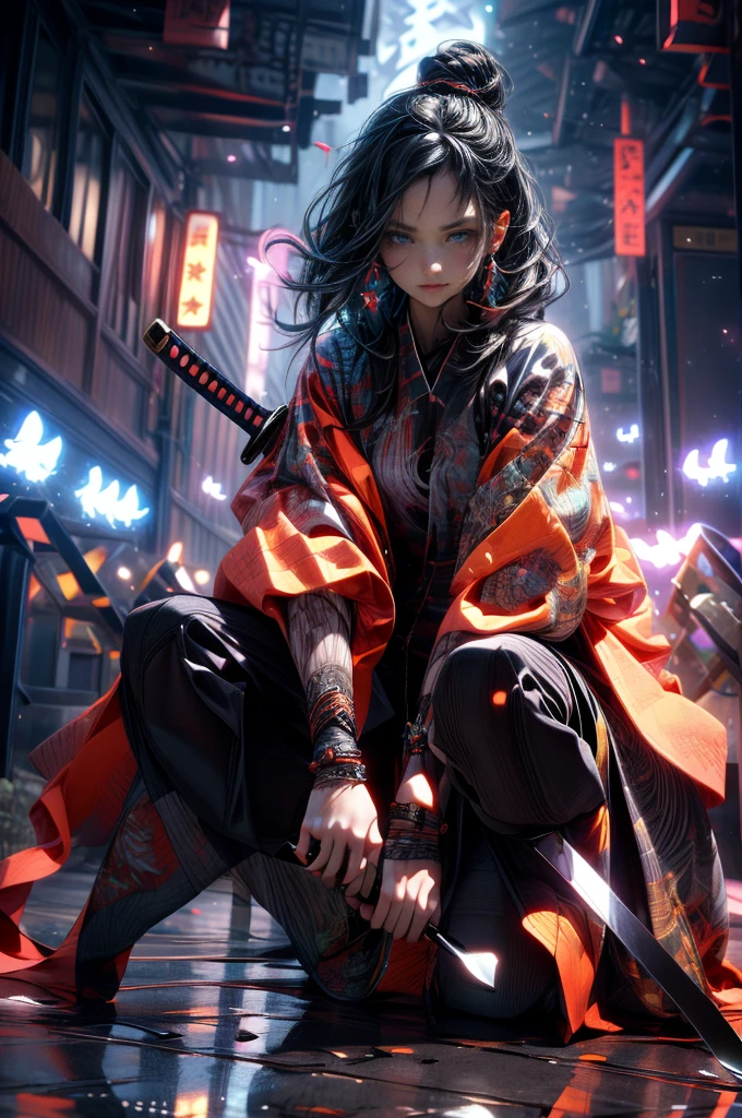 (Masterpiece: 1.2), highest quality, CG, 3D, samurai girl, samurai girl, weapon, holding a sword, solo, holding, black hair, holding a weapon, pointing the sword at the viewer, forehead, bug, sword holding , butterfly, one girl, long sleeves, shining, reflective floor, katana, outdoor, face-to-face viewer, long hair, reflective, full body, wide sleeve, jewelry, sheath, one knee, beads