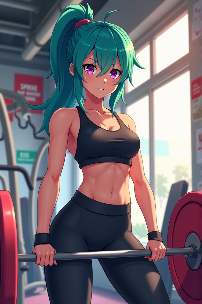 ((best quality)), ((8k)), beautiful woman, ((african skin)), green hair, long hair, black tube top, yoga shorts, ((bedroom)), green lipstick, black choker, green eyes, evil, portrait, chubby, lifting weight
