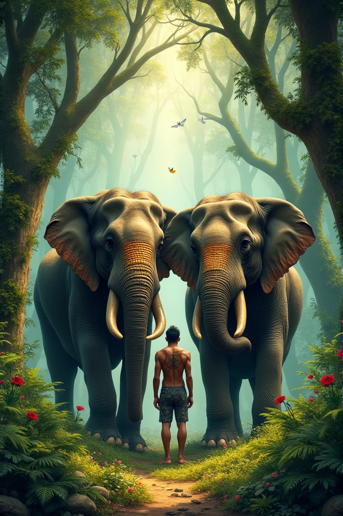 Elephants with forest man