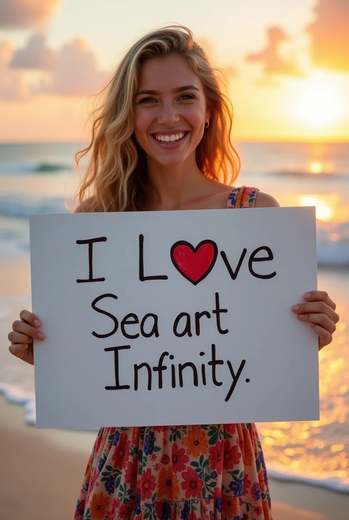 Beautiful girl with wavy long hair, bohemian dress, holding a white board with text "I Love Seaart Infinity" and showing it to the viewer