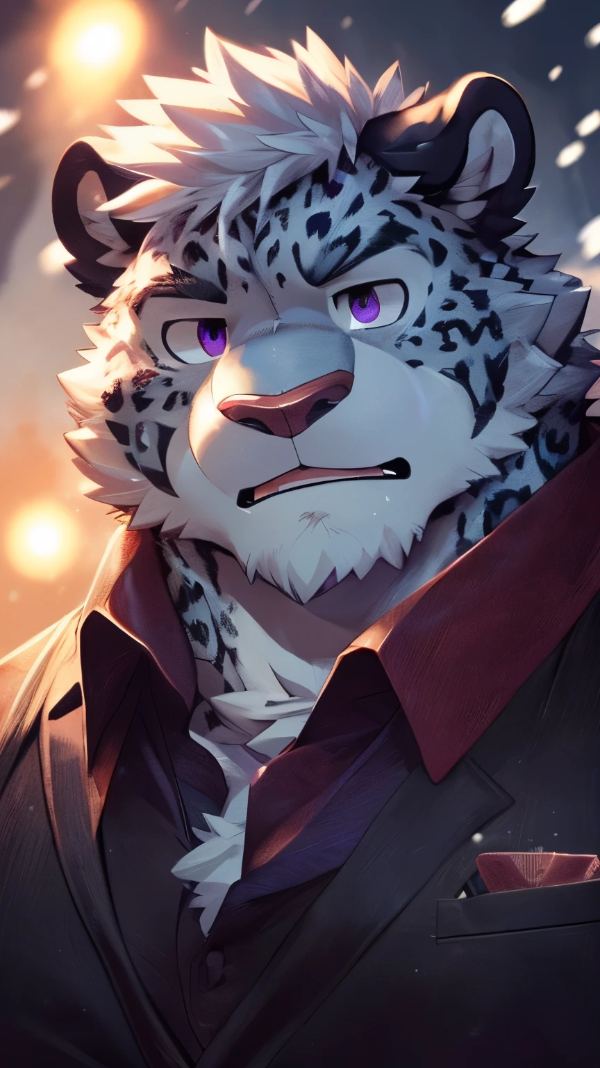 human nature, wild animals, male, 28 years old，youth，solitary, ((Round Face, The face is plump, Purple Eyes, Thick white hair，Scars)), ((Endomorph, Handsome，Hot Blood)), （Mecha suit，no electricity，exhausted), ((domestic snow leopard, Snow leopard orcs) Fluffy fur, Fluffy, grayish purple spots), (snow leopard print), Bokeh, (high quality, high resolution, masterpiece), (Dynamic Lighting, Vibrant colors), (Revitalize，harm，Contempt), Full body pictures (close up), cartoon, author：Takemoto Arashi, From Zixiong, author：Chunni, author：Ethereal，（background：Rainforest）