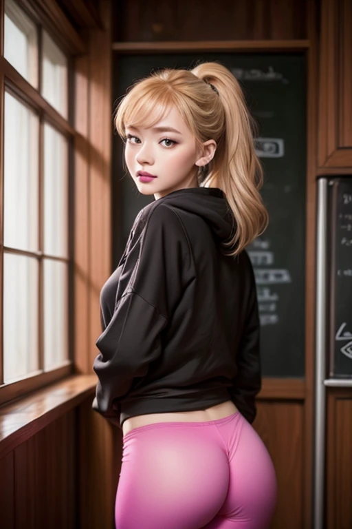 A girl stands from behind, her loose blonde hair framing her face as she gazes back at the viewer. She wears tight pink leggings that showcase her perfect, big round butt cheeks, which are partially hidden by a hoodie. Her narrow hips and big soft ass are highlighted by the leggings' fit. The ponytail adds a touch of innocence to her expression. She's positioned in front of a classroom blackboard, her eyes fixed on the viewer with an air of curiosity. The overall mood is playful and inviting, with the hoop earrings adding a touch of whimsy.