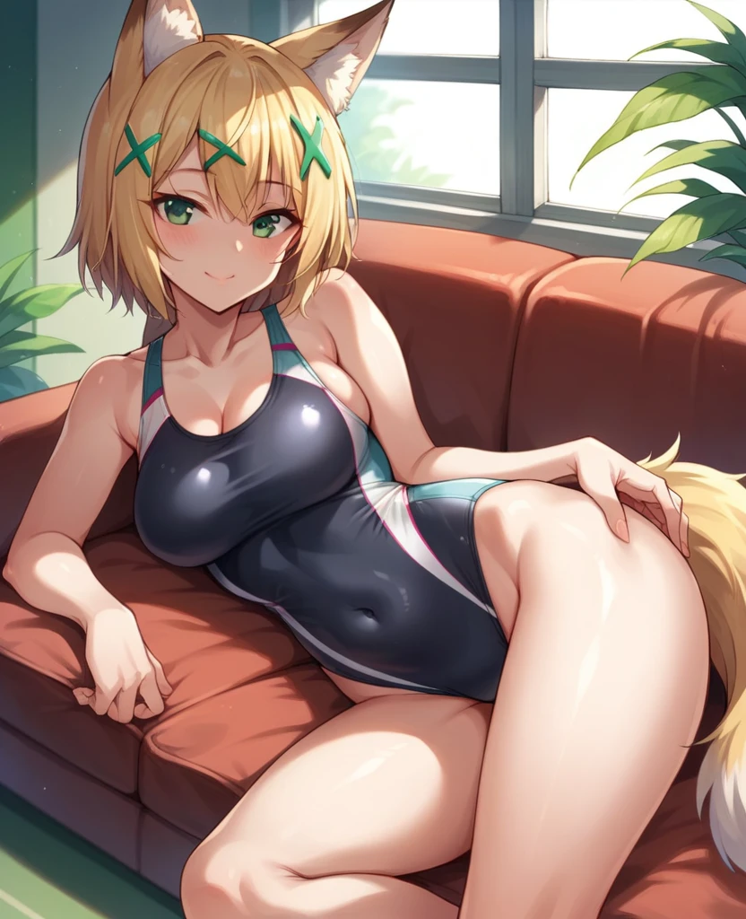akatsuki kirika, 1girl, solo, breasts, looking at viewer, blush, smile, short hair, blonde hair, hair ornament, animal ears, cleavage, medium breasts, closed mouth, green eyes, tail, swimsuit, lying, shiny, indoors, shiny hair, one-piece swimsuit, fox ears, window, covered navel, on side, x hair ornament, couch, competition swimsuit, black one-piece swimsuit