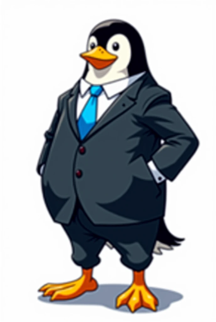 Linux mascot is wearing business suite bravest
human structure wearing business suite Linux mascot mid shot retro comic style neno colours white background 4k image human tall legs