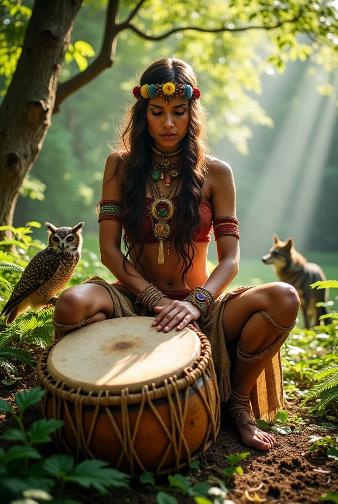 Woman playing the shamanic drum surrounded by power plants and animals