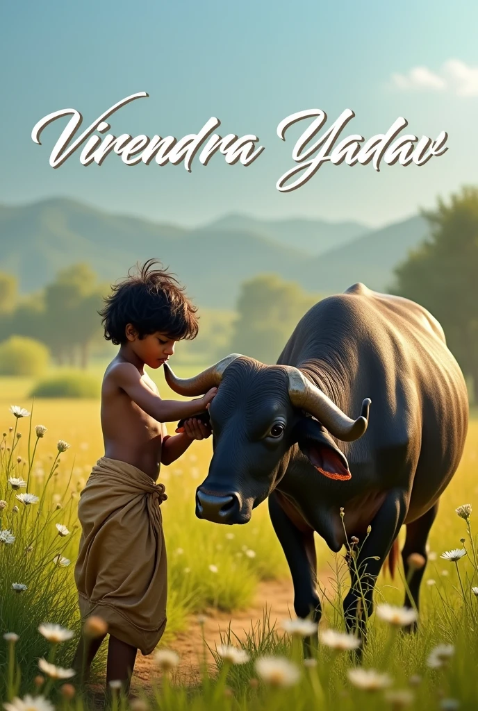 Boy milking a buffalo text written on background "virendra yadav "