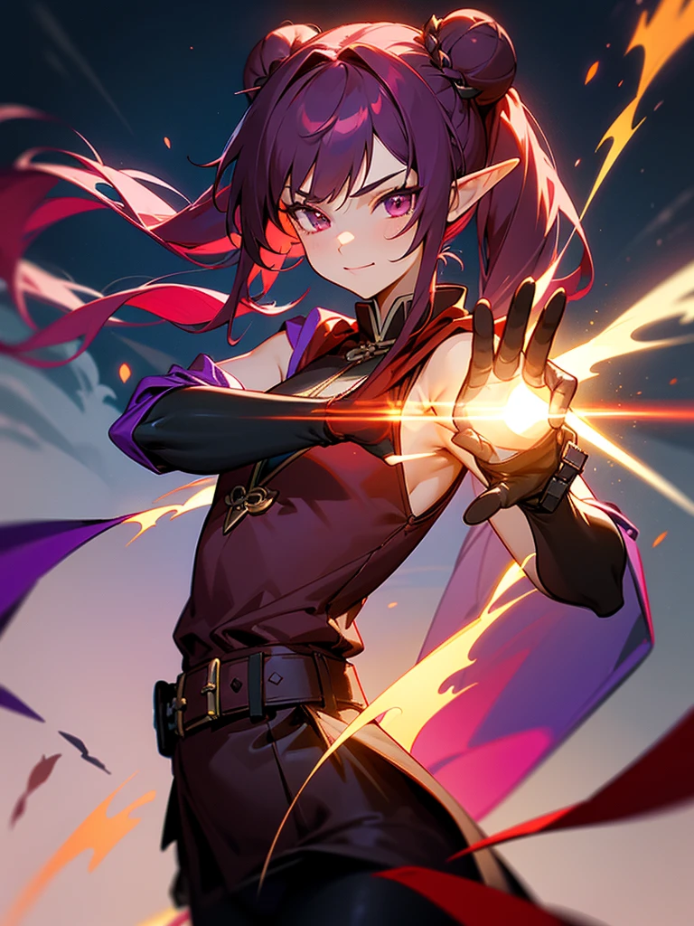 a girl，Elf，Magician，martial artist，，long red hair，long twintails，bun tou，Pink eyes，Chinese style，short and small，Bright smile，((Deep purple cloak))，((Sleeveless high-necked top))，((black leggings))，((Beautiful belt))，((Magic gloves))，flame，Elemental magic，((handsome pose))，Rendering，Super details，Upper Body，movie lighting effects，best picture