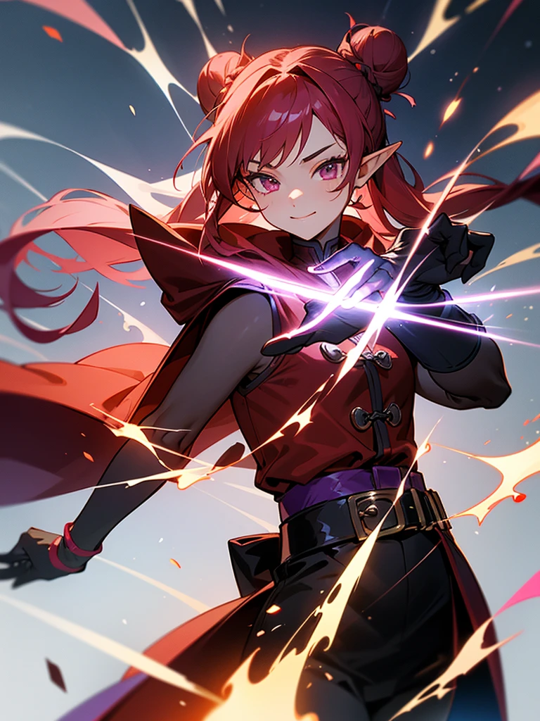 a girl,Elf,Magician,martial artist,15 years old,long red hair,long twintails,bun tou,Pink eyes,Chinese style,short and small,Bright smile,((Deep purple cloak)),((Sleeveless high-necked top)),((black leggings)),((Beautiful belt)),((Magic gloves)),flame,Elemental magic,((handsome pose)),Rendering,Super details,Upper Body,movie lighting effects,best picture