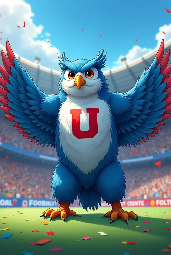  owl shaped like a human figure, anime style, Love, The color blue, with a large U on the chest in red with a white border, muscular, shouting goal in a football stadium, The figure should not be cut off on the sides. 