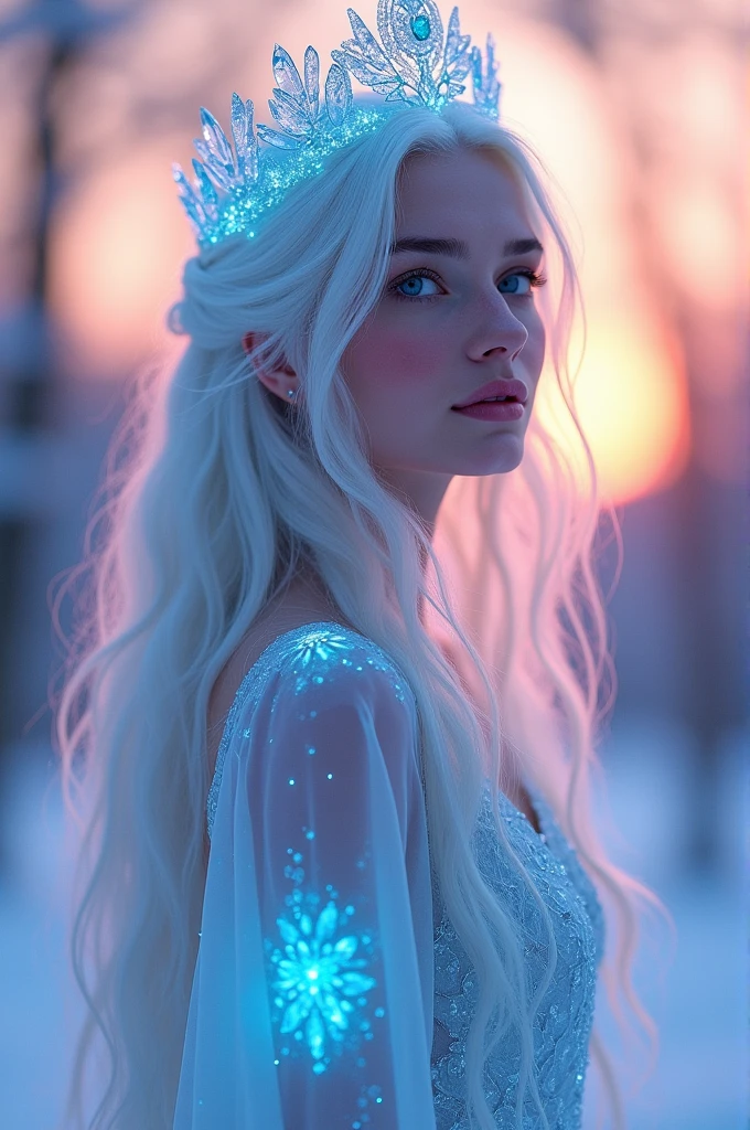 Lady with icy blue luminescent skin, eyes the color of dawn, hair a glowing and flowing white, wearing a crown made of ice, with a wintry sunset background