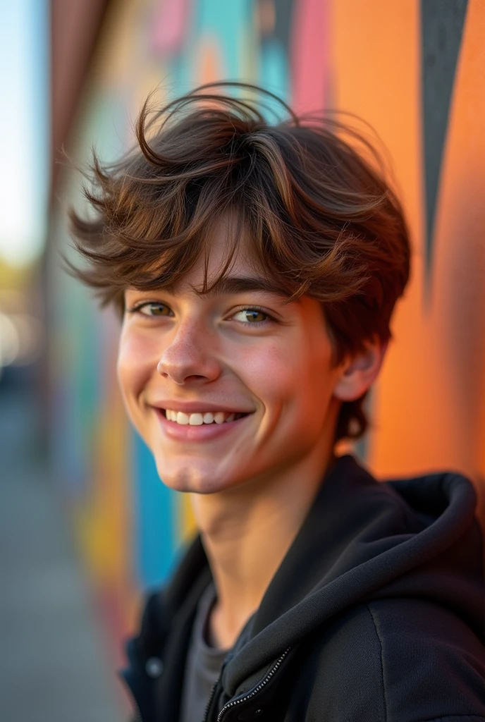 (A boy, with short dark brown hair and black detailed ends, and with blue eyes like the sea, 16 year old 