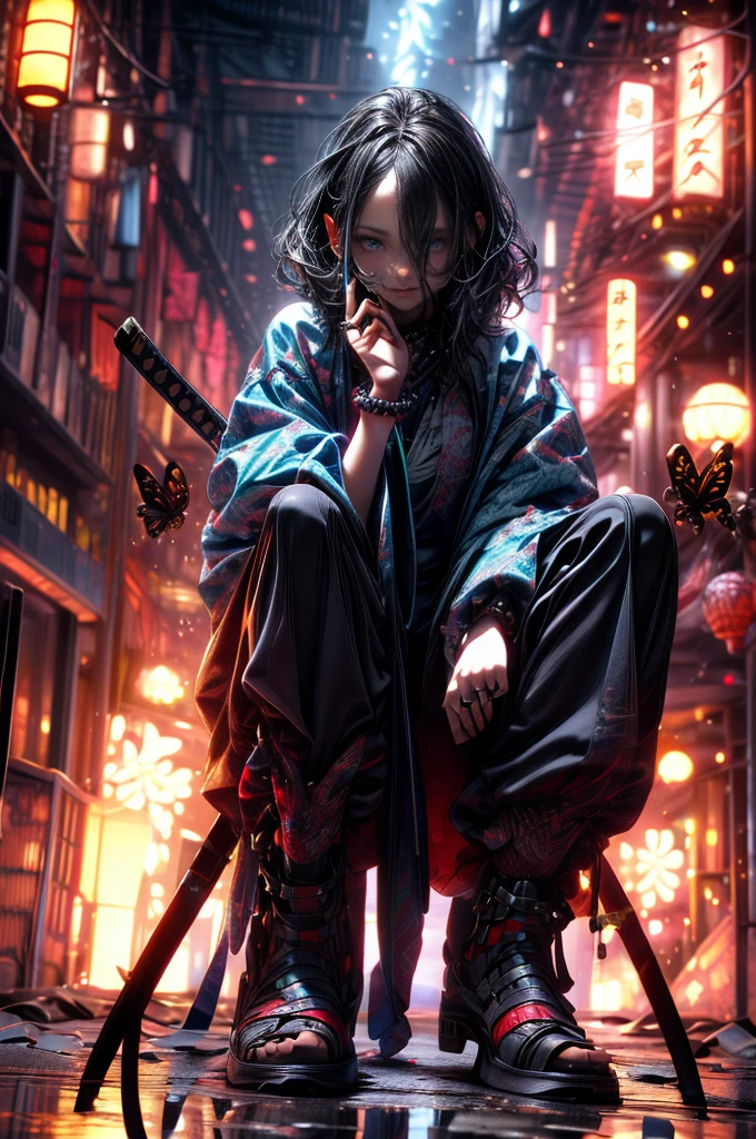 (Masterpiece: 1.2), highest quality, CG, 3D, samurai girl, samurai girl, weapon, holding a sword, solo, holding, black hair, holding a weapon, pointing the sword at the viewer, forehead, bug, sword holding , butterfly, one girl, long sleeves, shining, reflective floor, katana, outdoor, face-to-face viewer, long hair, reflective, full body, wide sleeve, jewelry, sheath, one knee, beads