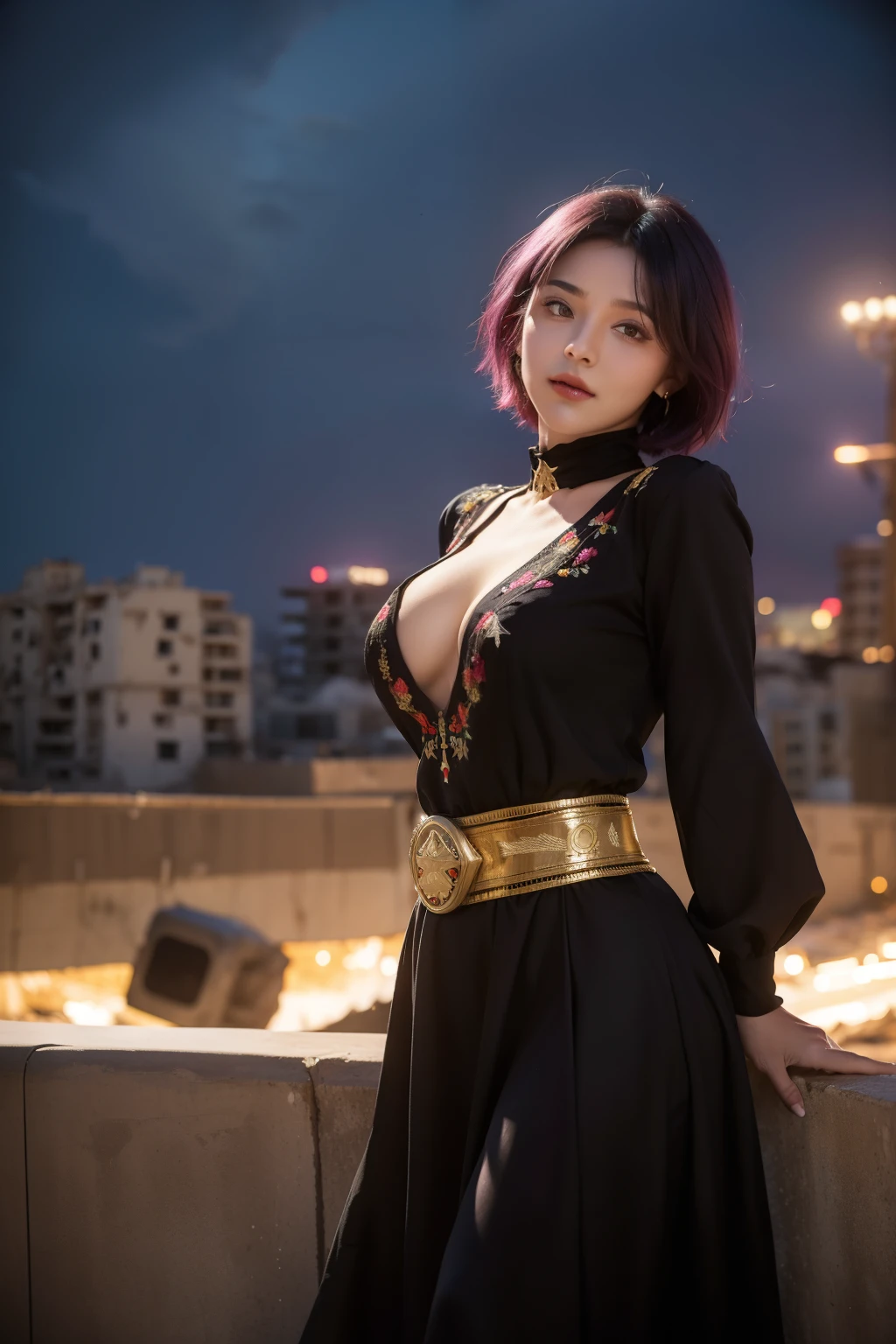 A cute girl, short purple hair, yellow eyes, Palestinian attire, large breasts, a black dress embroidered with red, a long-sleeved dress, a belt, a destroyed city in the background. 