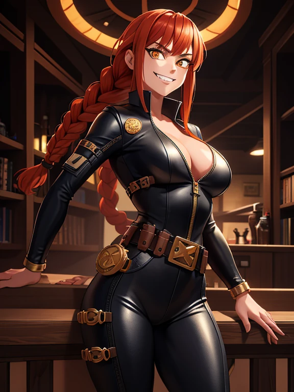 makima \(chainsaw man\), best quality, ultra detailed, 1girl, solo, standing, red hair, long braided hair, golden eyes, bangs, round breasts, wide hips, black leather suit, metallic utility belt, stare, (Evil grin:1.2), looking at viewer, color connection, colorized, vibrant color scheme, colorful, spot color, cinematography, hyperdetailed, beautiful face, 4k, HD, artstation trending on artstation,