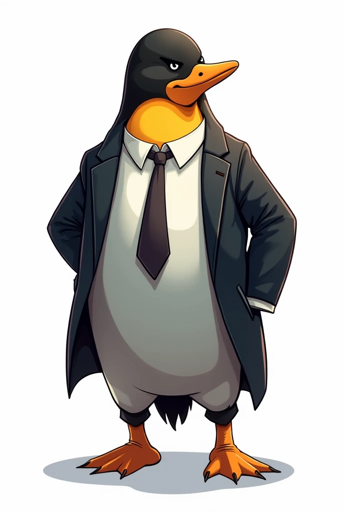 Linux mascot is  wearing business suite bravest 
human structure wearing business suite Linux mascot  mid shot retro comic style neno colours white background 4k image  human tall legs