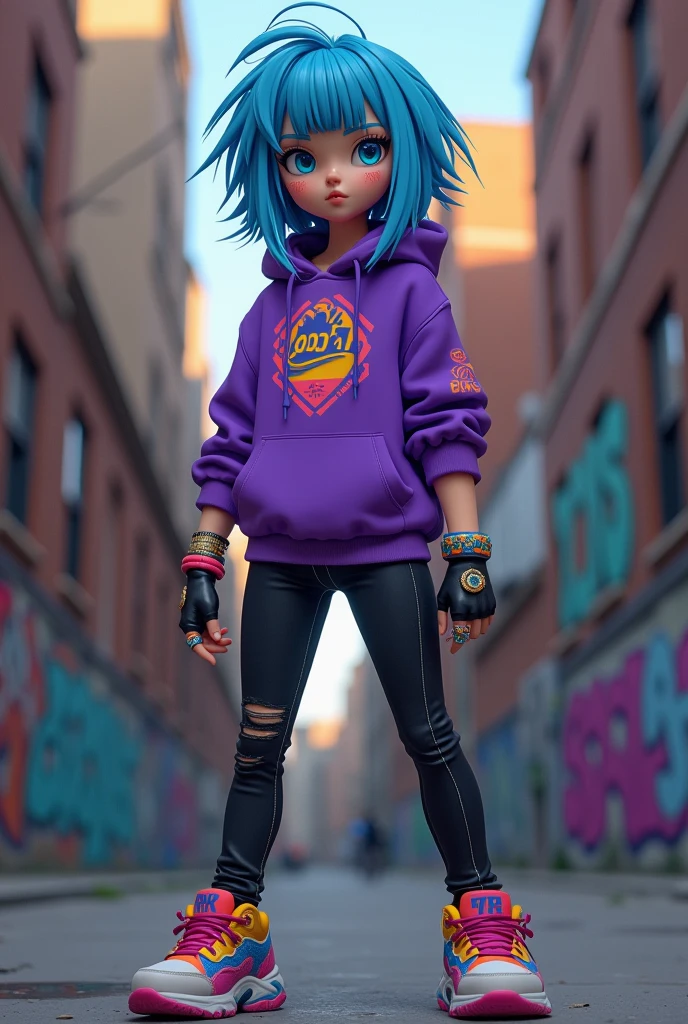 Draw a character with short, asymmetrical electric blue hair, with bangs and streaks in darker or lighter blue. She has expressive blue eyes, a slender, athletic build, and a confident posture. Her outfit includes a purple fitted hoodie with a logo, skinny jeans or black leggings, and colorful chunky sneakers. Add fingerless gloves, bracelets or rings, and a messenger bag. The character has a cool, rebellious vibe with a blend of modern street fashion and retro influence