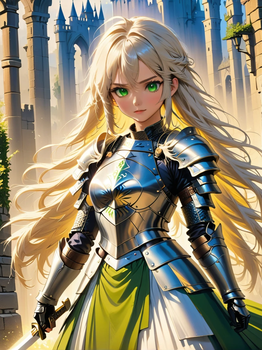 最high quality、Ultra High Definition, Ultra High Quality, Hyper Definition, Hyper Quality, Hyper Detailed, Extremely Detailed, Perfectly Detailed, Best image quality、masterpiece、anime woman((20-year-old、super dynamic pose , standing holding her favorite sword, Green solid eyes, Silver long Hair 、Disheveled Hair 、Long White Hair, Glove、Green Skirt, Nature Design Armor, Smirk, cheerful expression, charismatic, Detailed Cuirass , Wearing Full Coverage Fantasy Plate Armor, leg armor)),high quality、Beautiful art、background((Inside the castle))、Written boundary depth、 movie、Visual Arts、Perfect art、8K,Genuine、